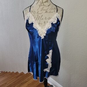 NWOT 2 Piece Blue Satin Chemise with Matching Robe